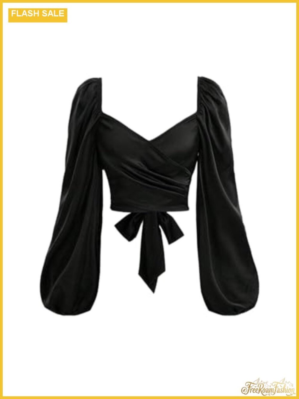 Satin Wrap Crop Top Long Sleeve Bow Tie Ruched